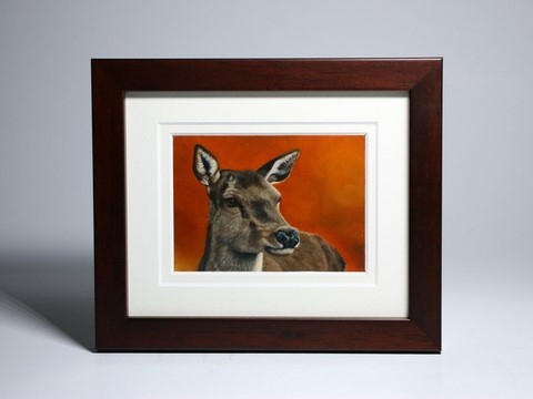 Miniature painting of a doe framed : wildlife artist Laurence Saunois