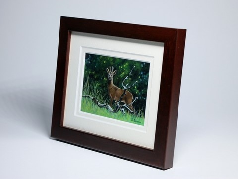 Framed miniature painting of deer : wildlife artist Laurence Saunois