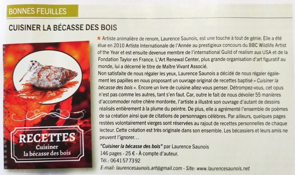 Avis du magazine Bécasse Passion sur le livre de recettes Cuisiner la bécasse des Bois de laurence Saunois