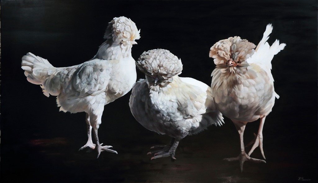 Peinture de poules par Laurence Saunois, artiste peintre animalier