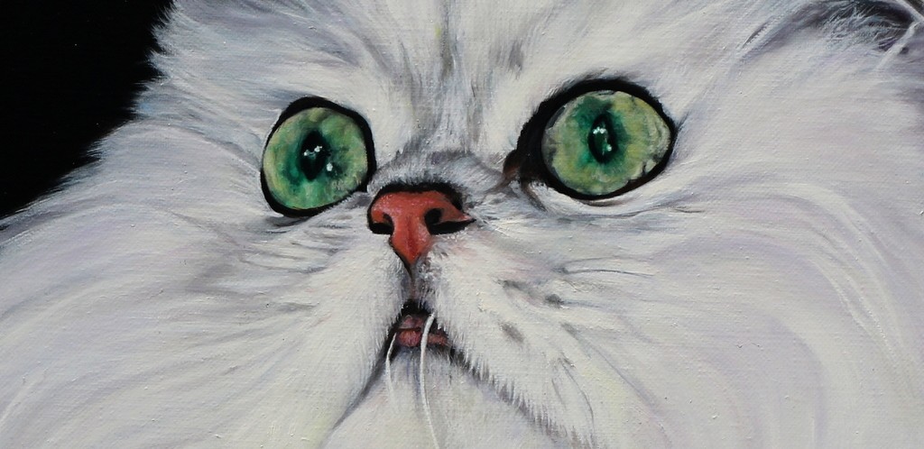 Gros plan sur les détails de la peinture à l'huile du chat persan blanc Léo par Laurence Saunois