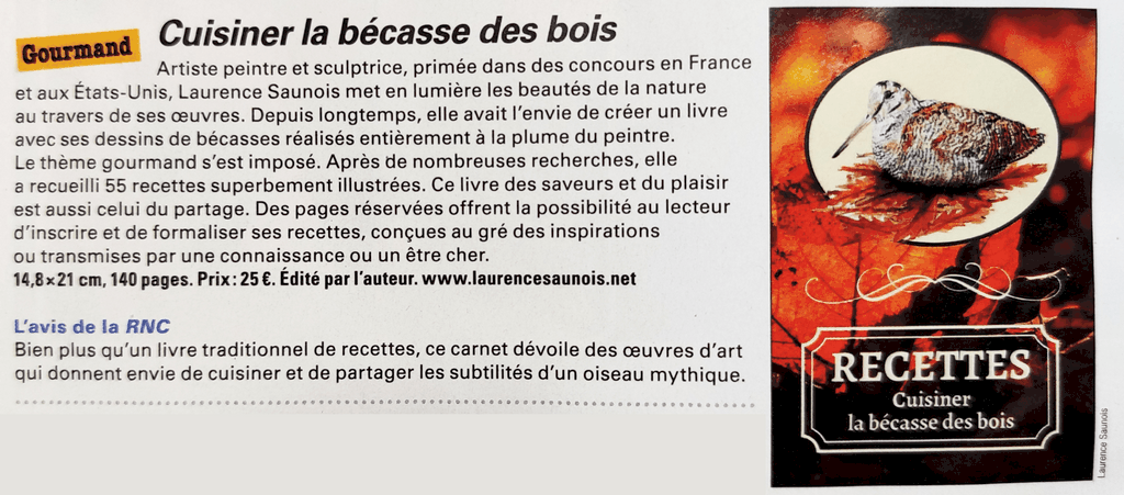 La Revue Nationale de la Chasse sur le livre de recettes Cuisiner la bécasse des Bois de laurence Saunois