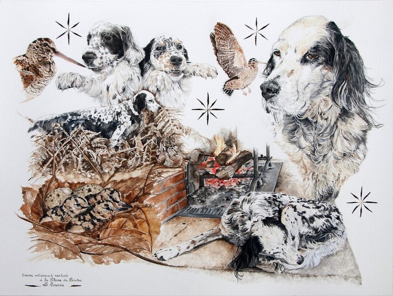 Dessin de chien et bécasses réalisé à la plume du peintre par Laurence Saunois