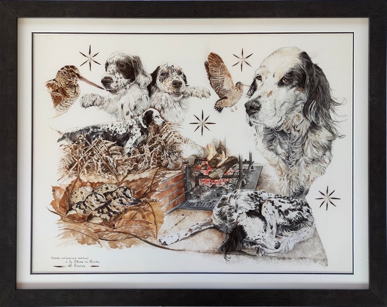 Dessin encadré avec bécasses, chiots, chien et scène de chasse à la plume du peintre par la peintre animalier Laurence Saunois