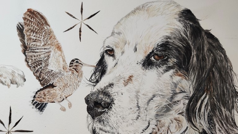Dessin (détails) avec bécasses, chiots, chien et scène de chasse à la plume du peintre par la peintre animalier Laurence Saunois