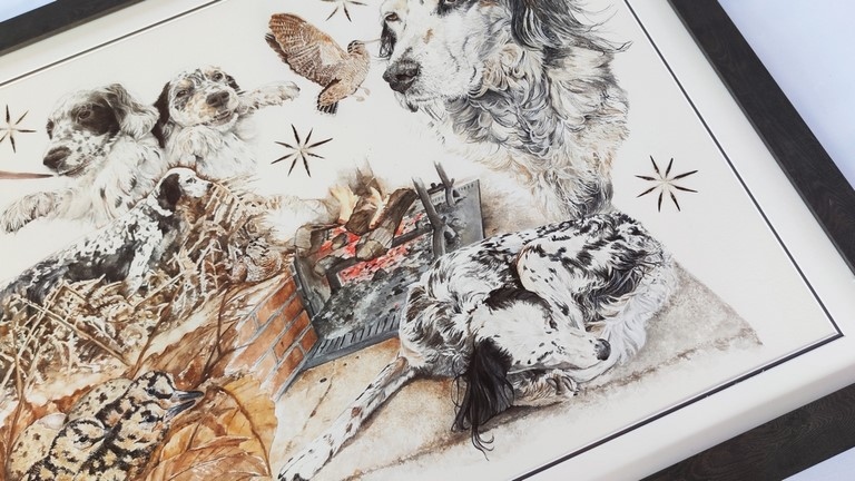 Dessin encadré avec bécasses, chiots, chien et scène de chasse à la plume du peintre par la peintre animalier Laurence Saunois