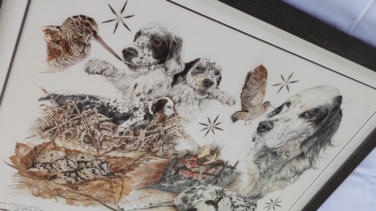 Dessin encadré avec bécasses, chiots, chien et scène de chasse à la plume du peintre par la peintre animalier Laurence Saunois