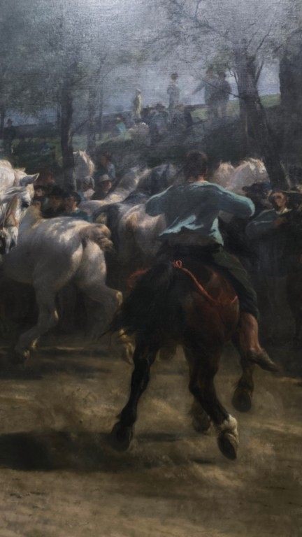 A study of movement: the striking realism of a horse’s momentum amidst the rising dust of the earth.