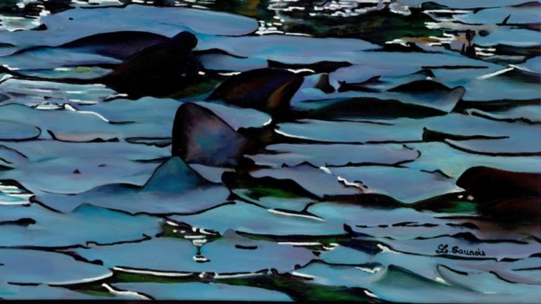 Peinture "Nympheus Luminansis, la danse de la lumière par Laurence Saunois, artiste peintre (détails signature)