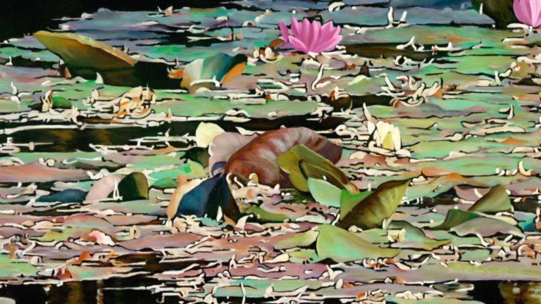 Peinture "Nympheus Luminansis, la danse de la lumière par Laurence Saunois, artiste peintre (détails)