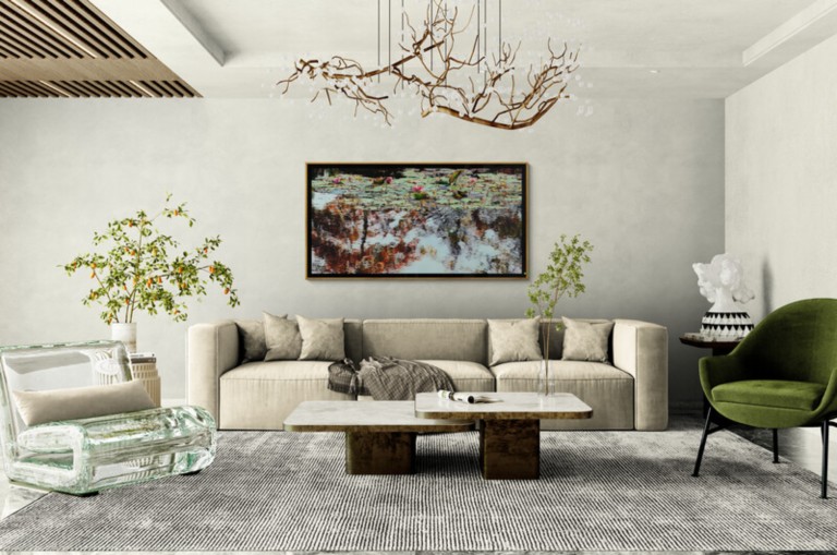 Tableau Nympheus Luminansis dans un luxieux salon en situation - Laurence Saunois, artiste peintre