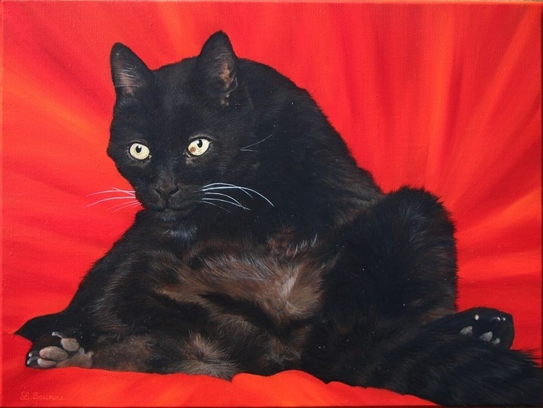 Tableau de chat noir sur fond rouge : peintre animalier Laurence Saunois