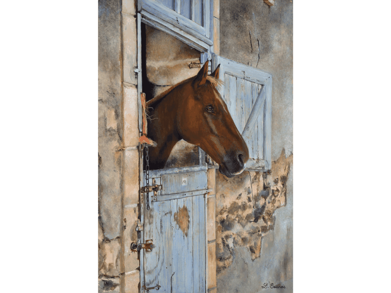 Tableau de cheval à l'écurie réalisé par Laurence Saunois, peintre animalier