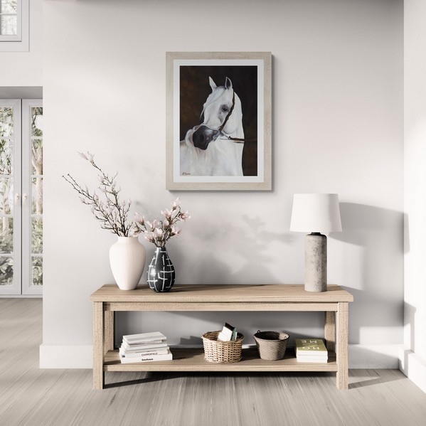 Horse portrait painting wall art decor above a coffee table by wildlife artist Laurence Saunois