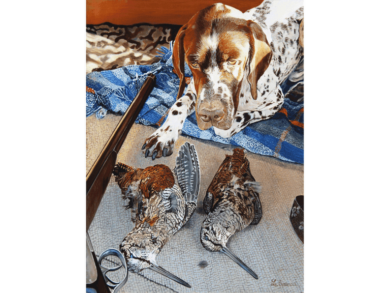 Peinture de chien et bécasses : peintre animalier Laurence Saunois