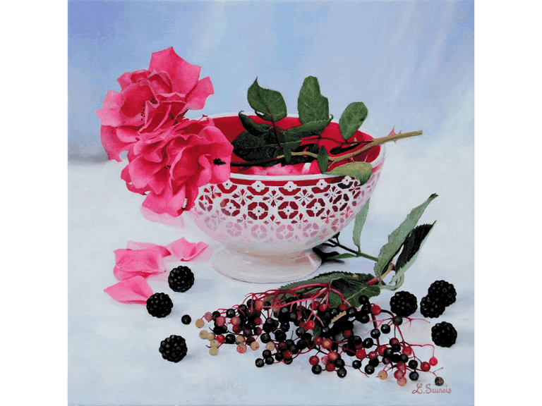 Peinture Nature morte - bol et roses - par Laurence Saunois, peintre animalier