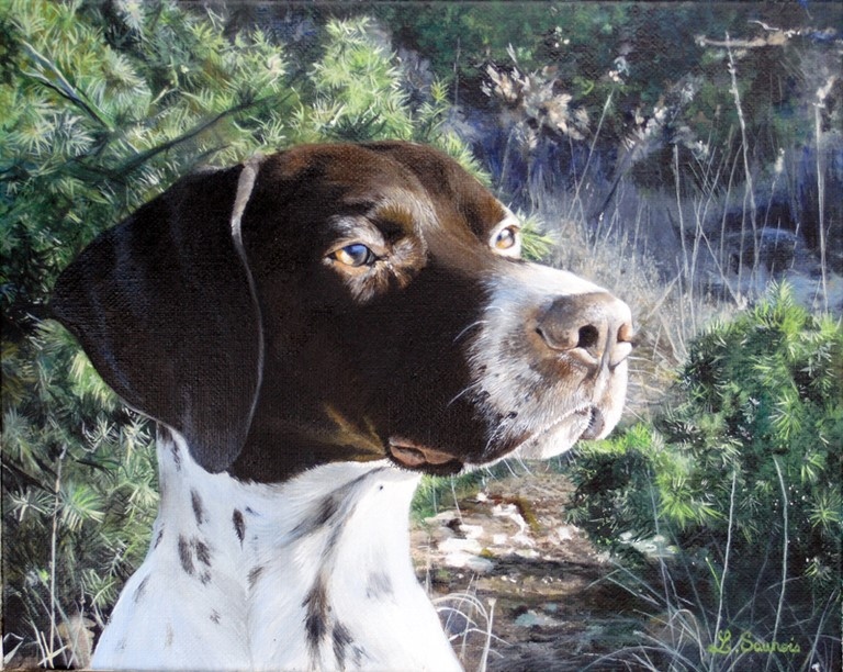 Tableau de chien de chasse par Laurence Saunois, artiste peintre animalier