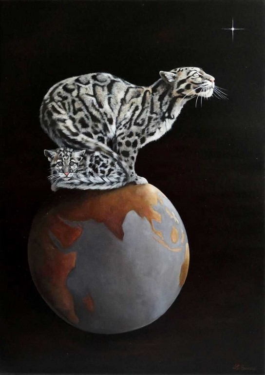 Peinture de panthères nébuleuses par Laurence Saunois, artiste peintre animalier