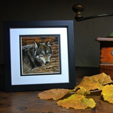 Wolf in a setting miniature painting wall art decor by wildlife artist Laurence Saunois