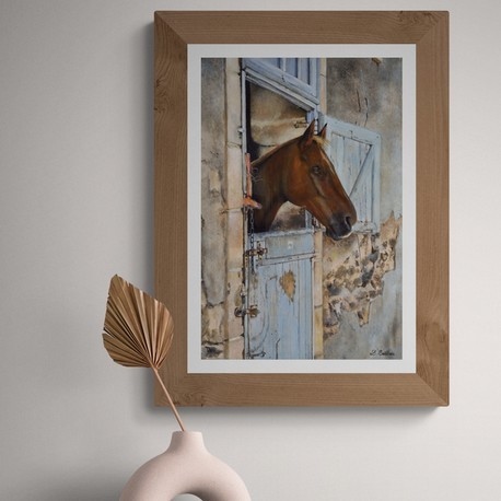  Framed horse painting wall art decor in a stable setting by wildlife artist Laurence Saunois