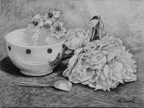 Dessin - Nature morte - Bol et pivoines par la peintre animalier Laurence Saunois