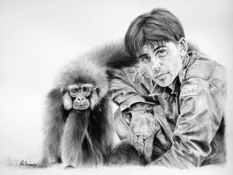 Dessin de Chanee (Kalaweit) avec un Gibbon : Artiste Laurence saunois