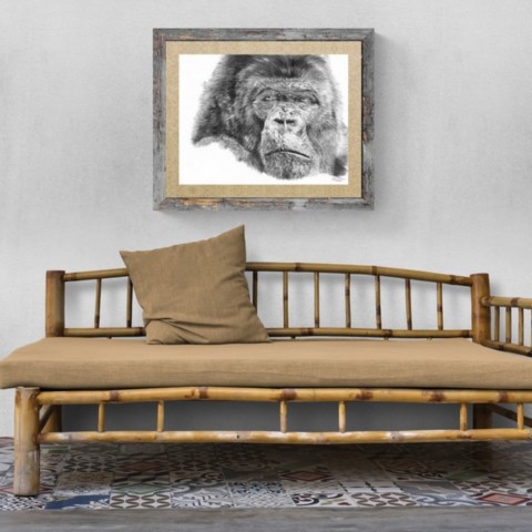 AVAILABILITY Painting (charcoal drawing) of a gorilla portrait in a room setting above a bamboo sofa - Artist Laurence Saunois