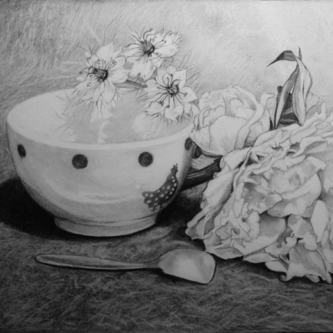 Dessin d'un bol avec des fleurs - Laurence Saunois, artiste peintre