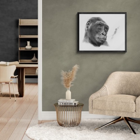 AVAILABILITY Charcoal portrait artwork of a gorilla displayed in a living room – wildlife artist Laurence Saunois