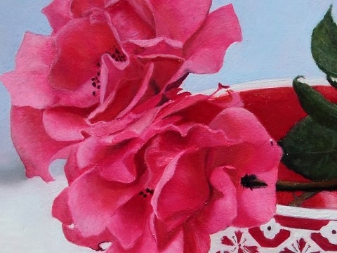 Peinture Nature morte - détails - bol et roses - par Laurence Saunois, peintre animalier