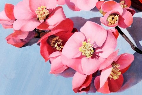 L'arrivée du printemps (fleurs, boites et bourdon) détails - par Laurence Saunois, peintre animalier