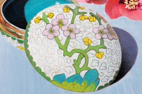 L'arrivée du printemps (fleurs, boites et bourdon) détails - par Laurence Saunois, peintre animalier