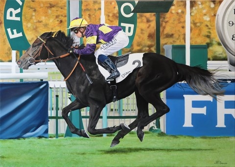  Oil painting of a racehorse at the finish line by wildlife artist Laurence Saunois