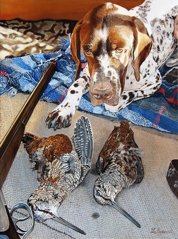 Peinture de chien et ses bécasses par Laurence Saunois, artiste peintre animalier