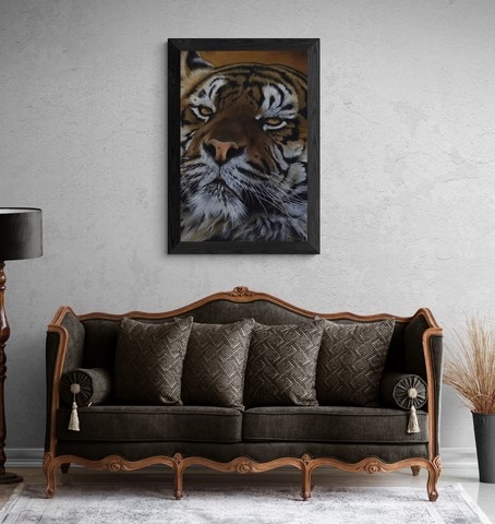 Peinture de tigre (portrait) et canapé - Peintre animalier Laurence Saunois