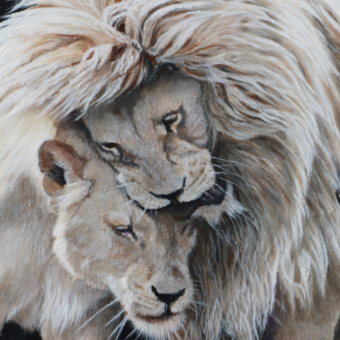 Peinture miniature d'un couple de lions blancs qui se font un câlin