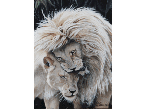 Peinture miniature de deux lions blancs par la peintre animalier Laurence Saunois