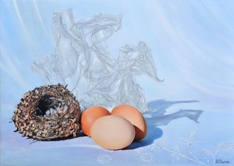 "le jour d'après" (oeufs, nid et poule en plastique) par laurence Saunois, artiste peintre animalier