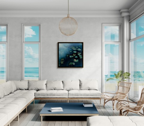 Painting titled “Nympheus Luminansis, Celestial Lights” by Laurence Saunois, painter—painting in a large living room