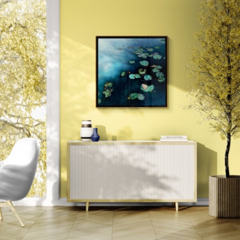 Oil painting Nympheus Luminansis Celestial Lights by Laurence Saunois displayed in a bright modern living room