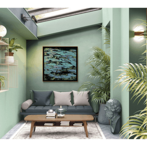 Nympheus Luminansis : "Vibrantes Lumières" de Laurence Saunois, artiste, dans un patio luxieux avec des plantes