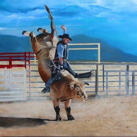  Bull Riding par la peintre animalier Laurence Saunois
