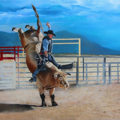 Peinture d'un rider sur un taureau par Laurence Saunois