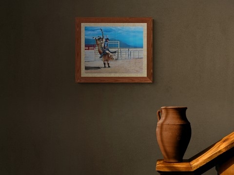 Peinture de Bull Riding encadrée : peintre animalier Laurence Saunois