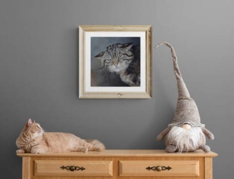 Tableau d'un portrait de chat sauvage par l'artiste animalier Laurence Saunois