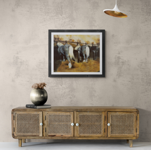  Painting of the Great Stables of Haras du Pin wall art decor above a wooden sideboard by wildlife artist Laurence Saunois