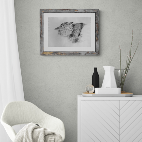 Drawing of a wildcat portrait in a setting in a living room above a piece of furniture