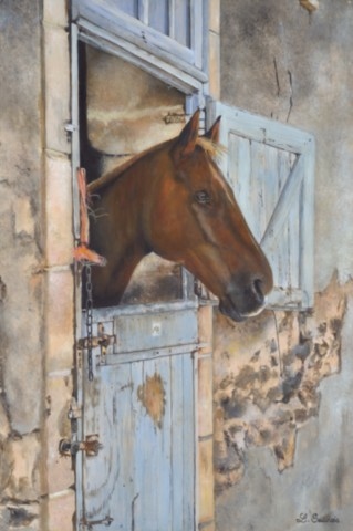 Peinture de cheval à l'écurie par Laurence Saunois, Artiste