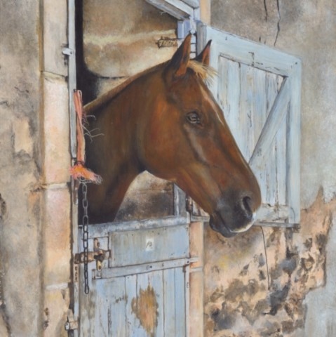 Oil painting of a horse in the stable by wildlife artist Laurence Saunois