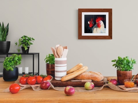 Tableau de coqs dans une cuisine : peintre animalier Laurence saunois